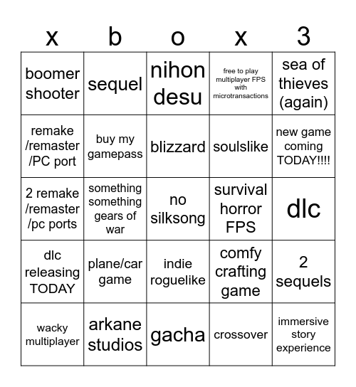 xbox game Bingo Card