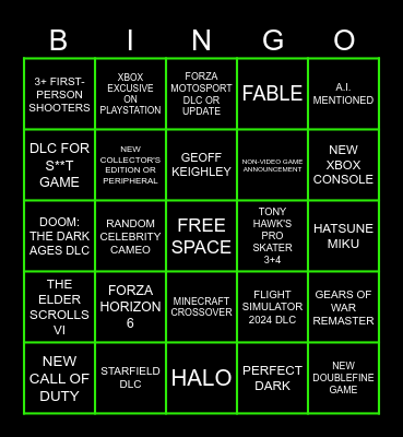 Xbox Games Showcase 2025 Bingo Card