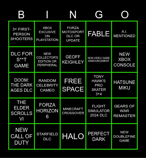 Xbox Games Showcase 2025 Bingo Card