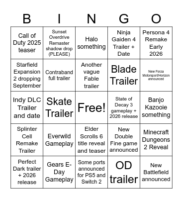Xbox Showcase 2025 Bingo Card