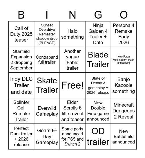 Xbox Showcase 2025 Bingo Card