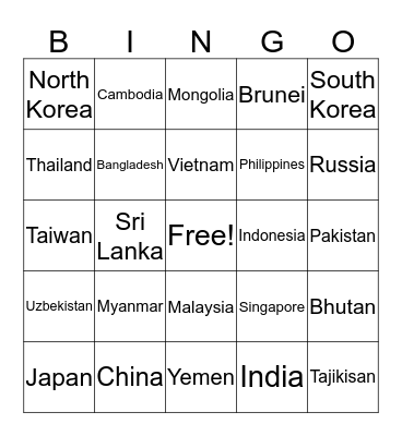 Countries in Asia Bingo Card