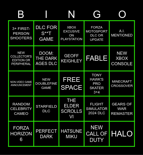Xbox Games Showcase 2025 Bingo Card