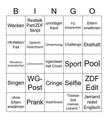 Mädchen WG Bingo Card