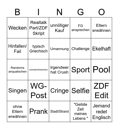Mädchen WG Bingo Card