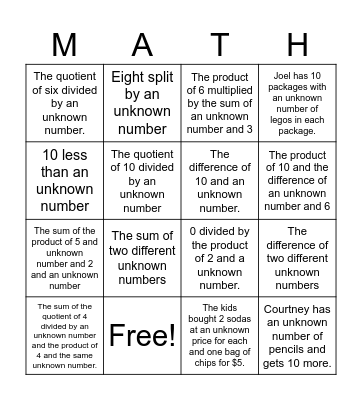 Algebra Expressions Bingo Card