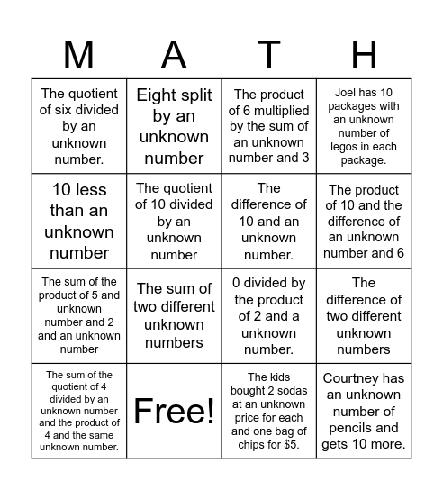 Algebra Expressions Bingo Card