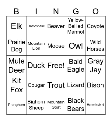 Animals of Colorado Bingo Card