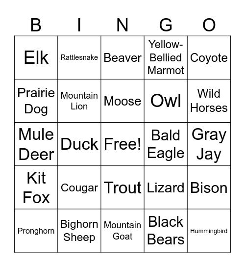 Animals of Colorado Bingo Card