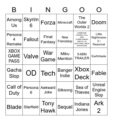 XBOX SHOWCASE Bingo Card