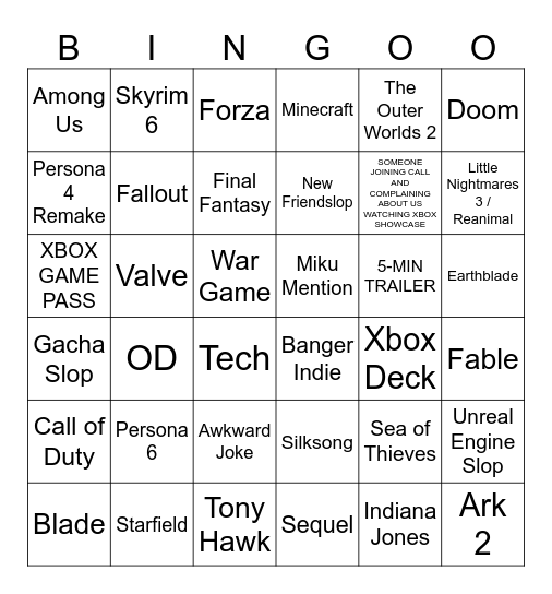 XBOX SHOWCASE Bingo Card