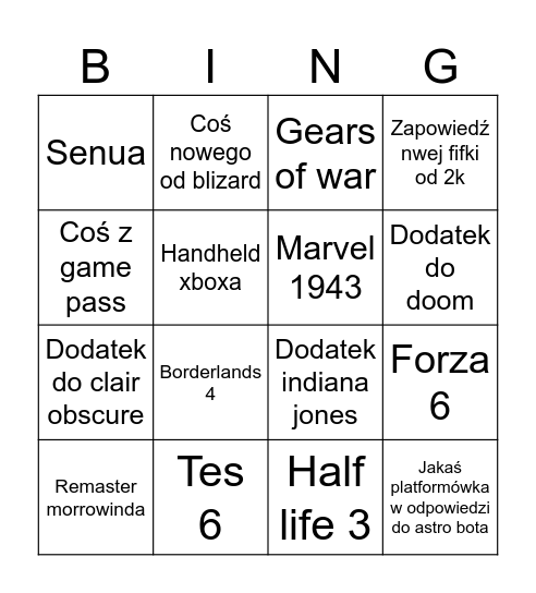 XBOX SHOWCASE Bingo Card
