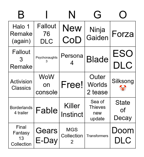Xbox Showcase Bingo Card