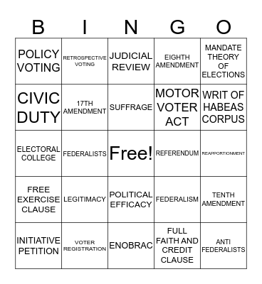 CHAPTER 10- ELECTIONS  Bingo Card