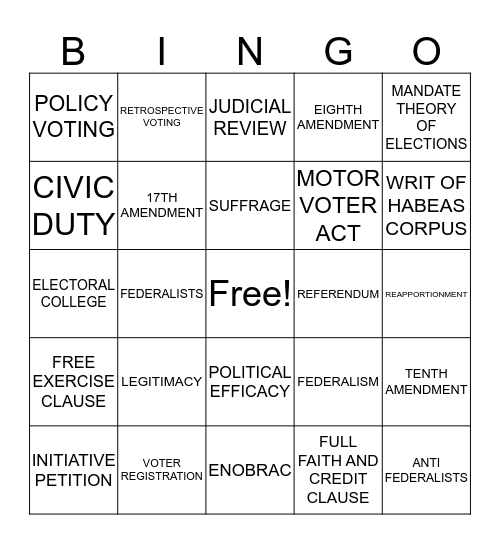 CHAPTER 10- ELECTIONS  Bingo Card