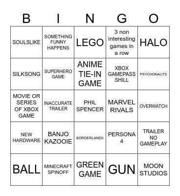 XBOX YES Bingo Card