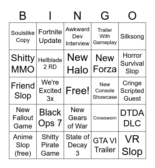 Xbox Showcase Predictions Bingo Card