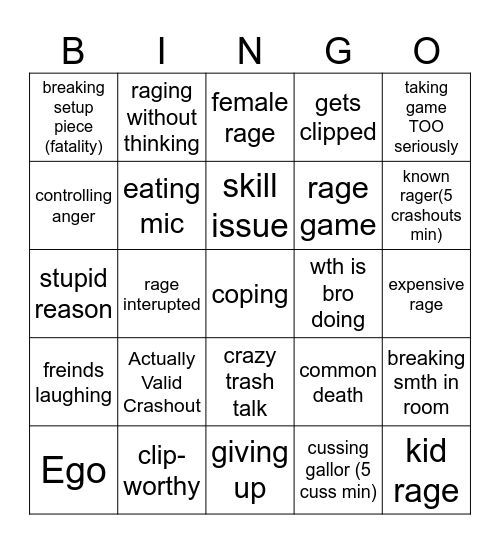 GAMER RAGE!!!!!! Bingo Card