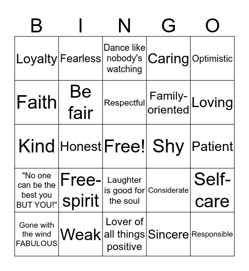 PERSONAL VALUES Bingo Card