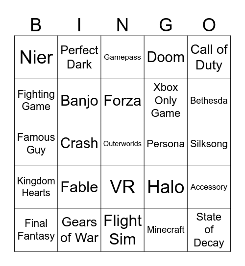 Xbox Bingo Card