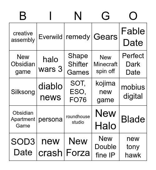 Xbox Showcase 2025 Bingo Card