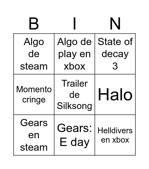 Xbox showcase Bingo Card
