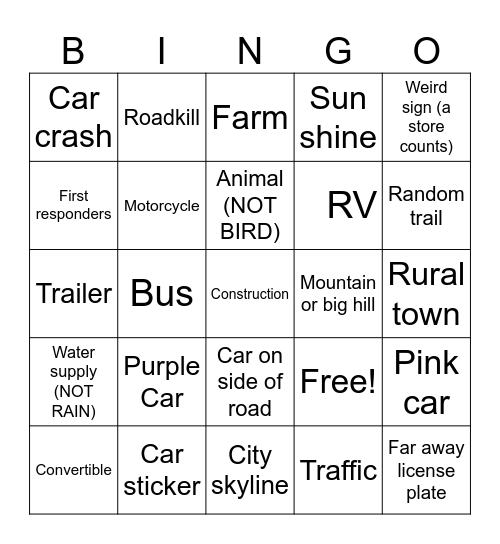 Roadtrip bingo Card