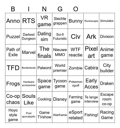 PC Gaming Show Bingo Card