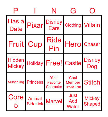 Disney Pin Trading Bingo Card