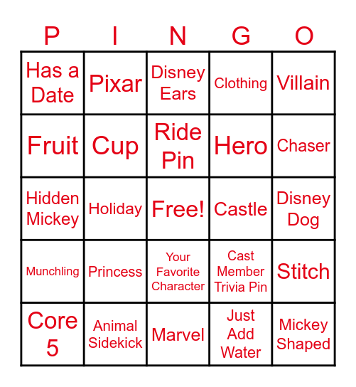 Disney Pin Trading Bingo Card