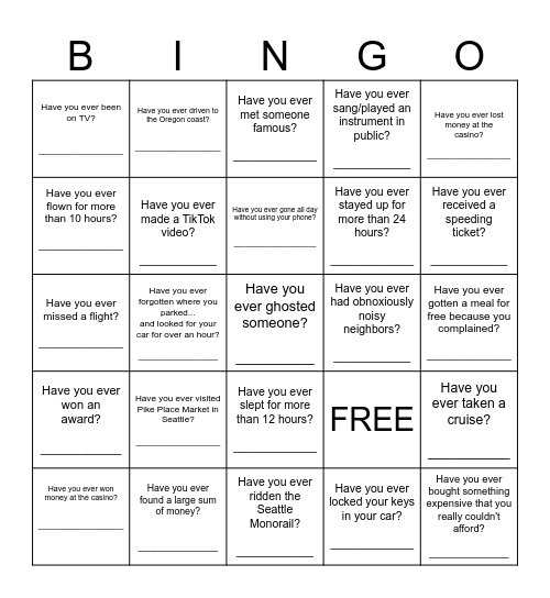 HAVE YOU EVER...? 5/6 Bingo Card