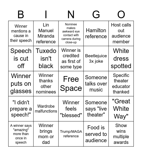 2025 Tony Awards Bingo Card