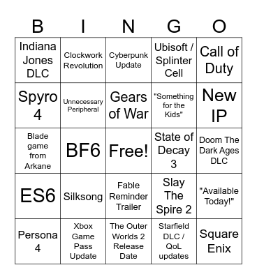 Xbox Games Showcase Predictions Bingo Card