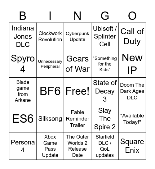 Xbox Games Showcase Predictions Bingo Card