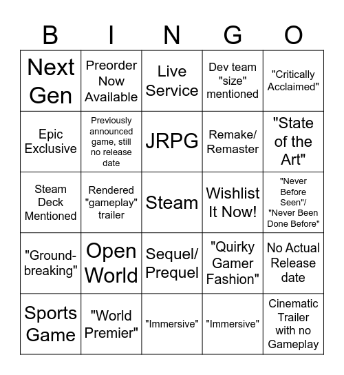 PC Gaming Show Bingo Card