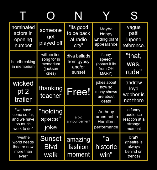 TONYS BINGO Card