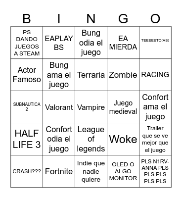 PC GAMING SHOW Bingo Card