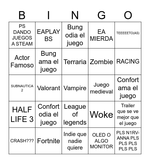 PC GAMING SHOW Bingo Card
