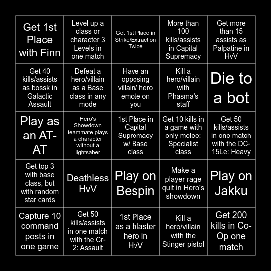 Battlefront 2 Challenges Bingo Card