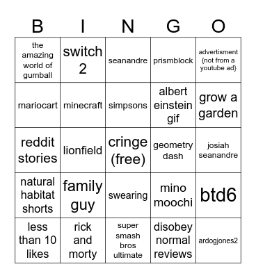 Youtube Shorts Bingo Card