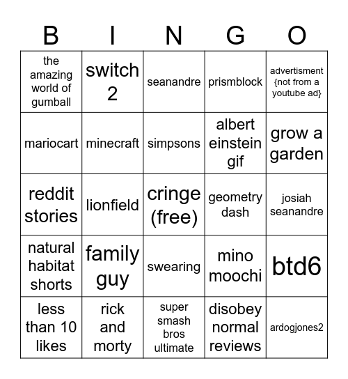 Youtube Shorts Bingo Card
