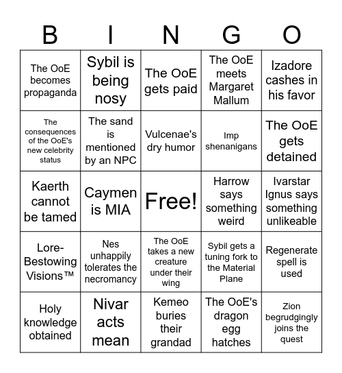 OOE Part 2 Bingo Card