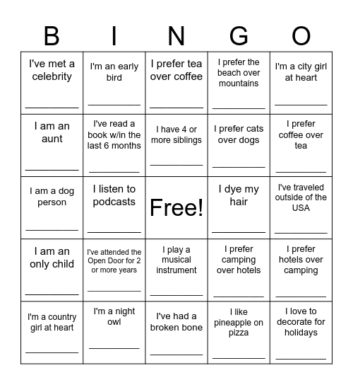 Women's Mixer Bingo Card