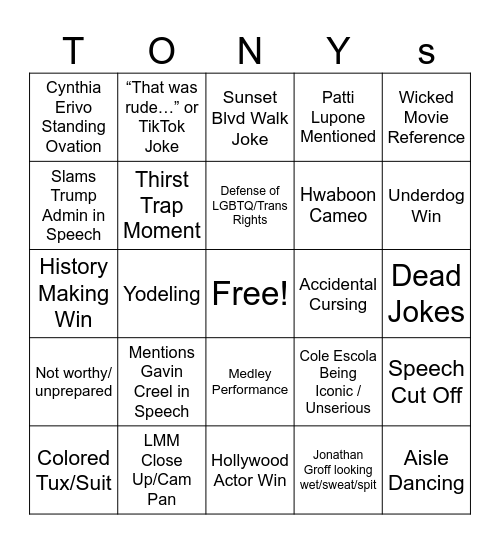 Tony Awards Bingo Card