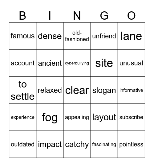 Vocabulary Bingo Card