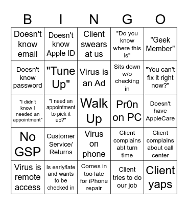 Geek Squad Bingo Card