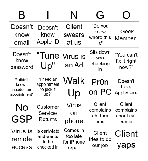 Geek Squad Bingo Card