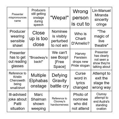 Tony Award Bingo 2025 Bingo Card
