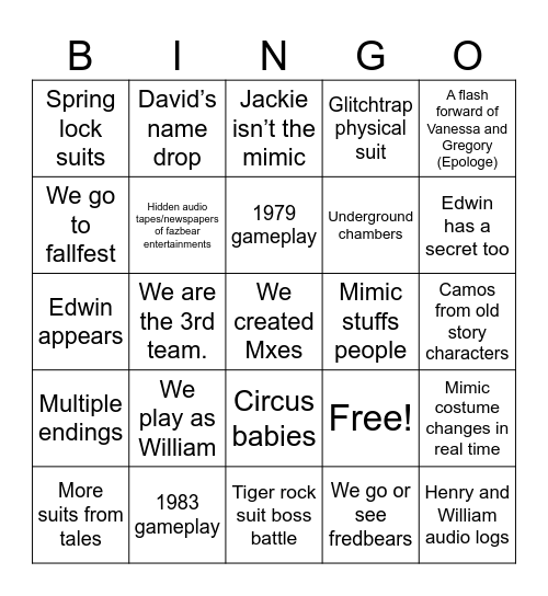 Secret of the Mimic predictions Bingo Card
