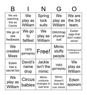 Secret of the Mimic predictions Bingo Card